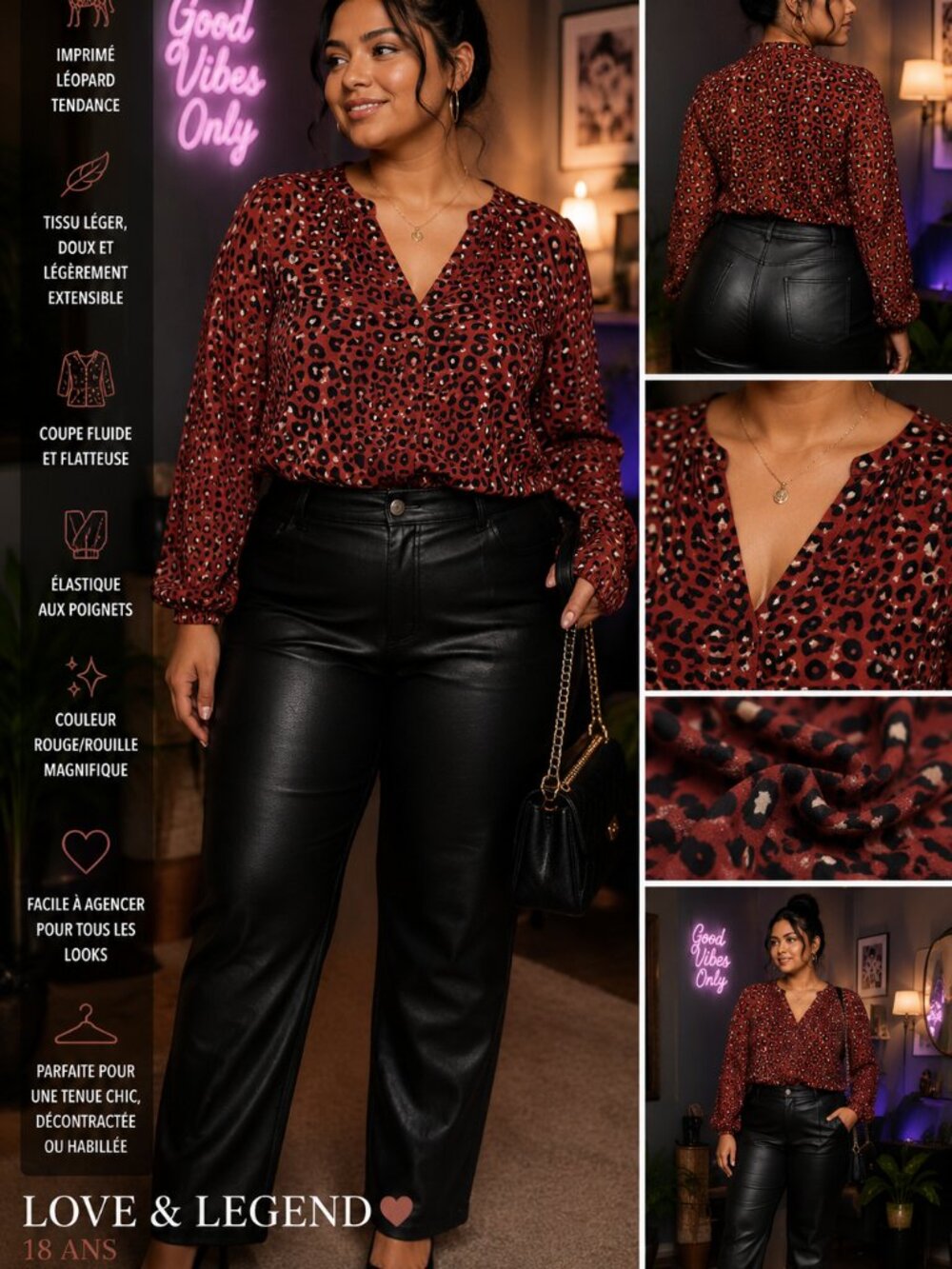LOVE & LEGEND — BLOUSE LÉOPARD ROUGE/ROUILLE — TAILLE 18